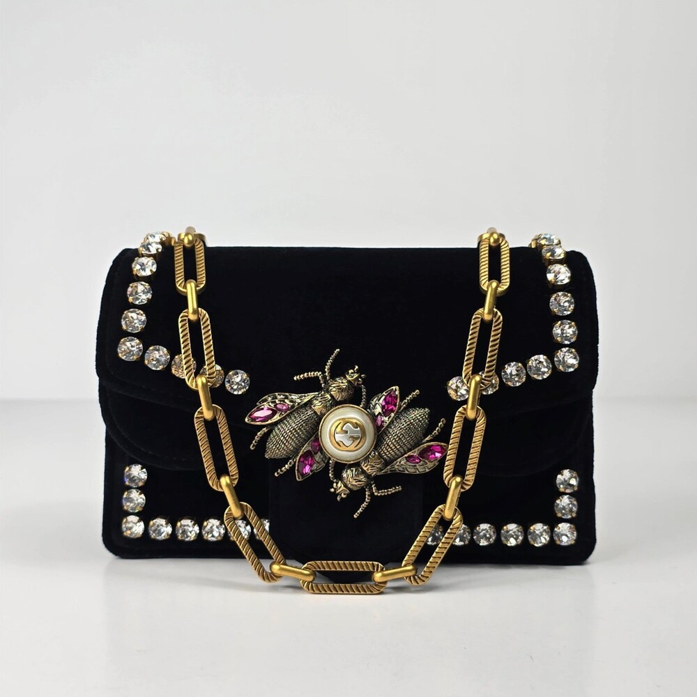 $2980 Limited Ed. GUCCI Velvet Crystal Bee Broadway Black Shoulder Bag Clutch
